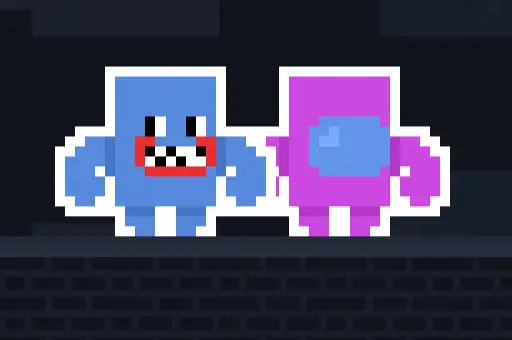 Imagem do jogo com personagens pixelados Huggy Wuggy azul e sua namorada rosa em uma aventura em um cenário sombrio, enfrentando zumbis e armadilhas para encontrar chaves e abrir portas.